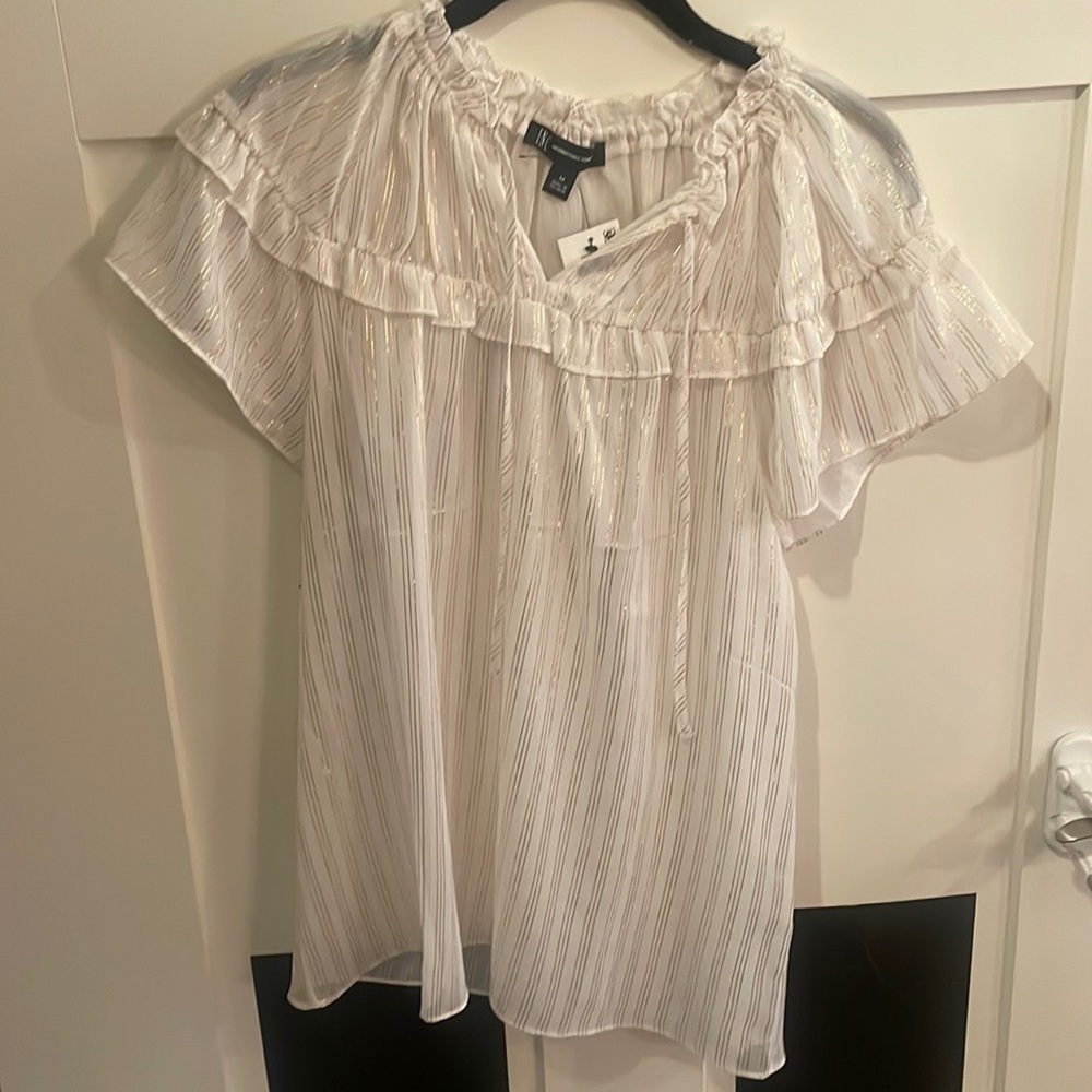 Womens sheer top/swimsuit coverup. Size medium.  White with gold stripes.